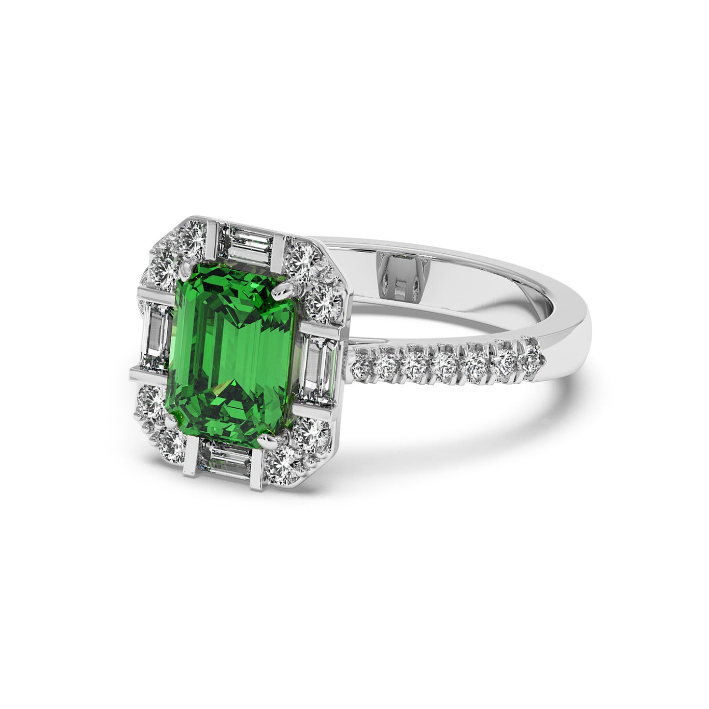 14k white gold ring with a rectangular green YAG center surrounded by sparkling diamonds in a geometric pattern, exuding elegance.