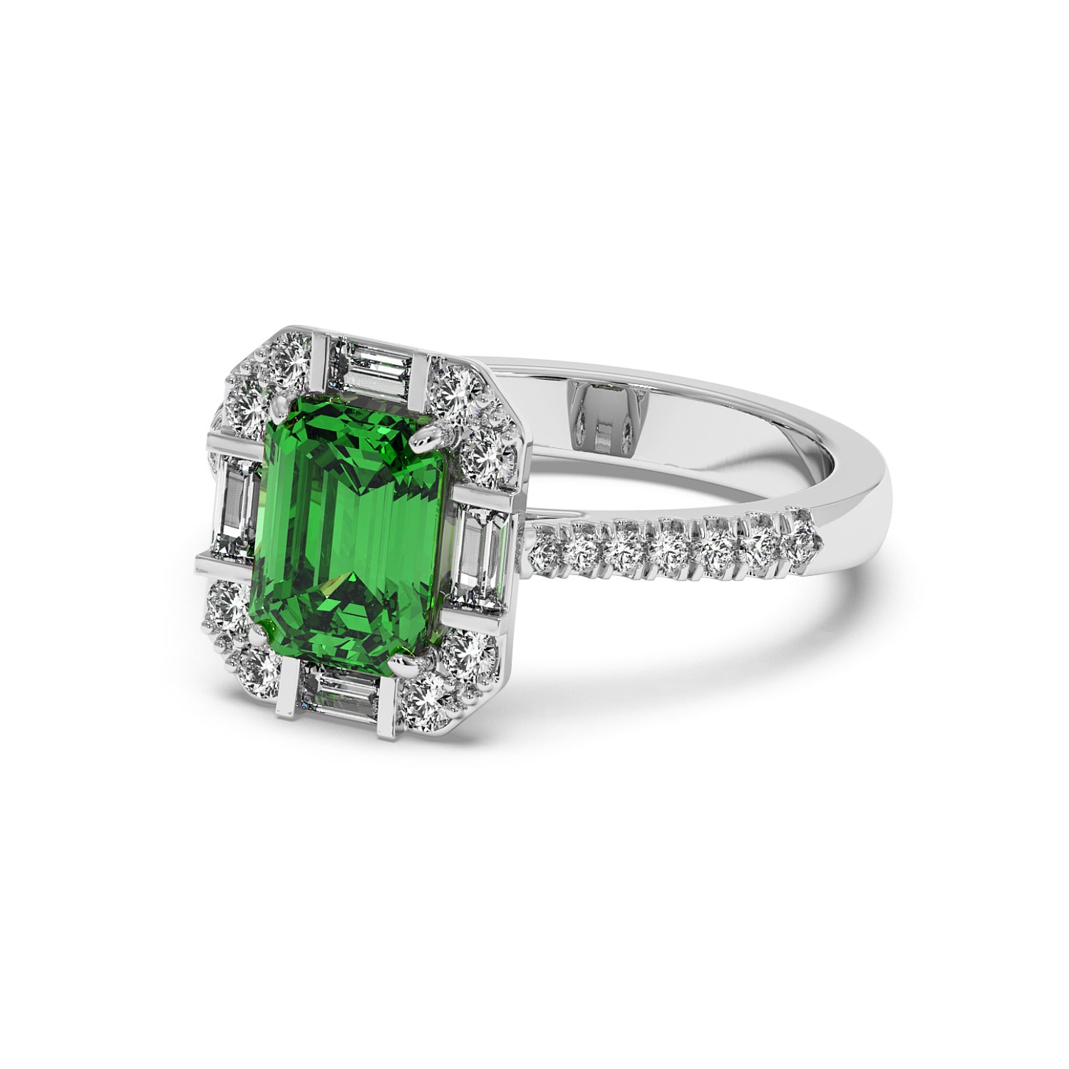 14k white gold ring with a rectangular green YAG center surrounded by sparkling diamonds in a geometric pattern, exuding elegance.