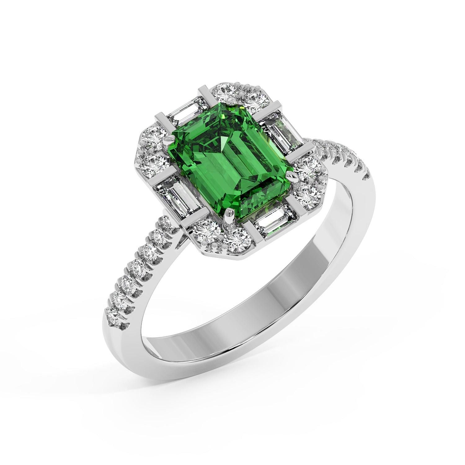 Top view of a 14k white gold ring with a rectangular green YAG center surrounded by sparkling diamonds in a geometric pattern