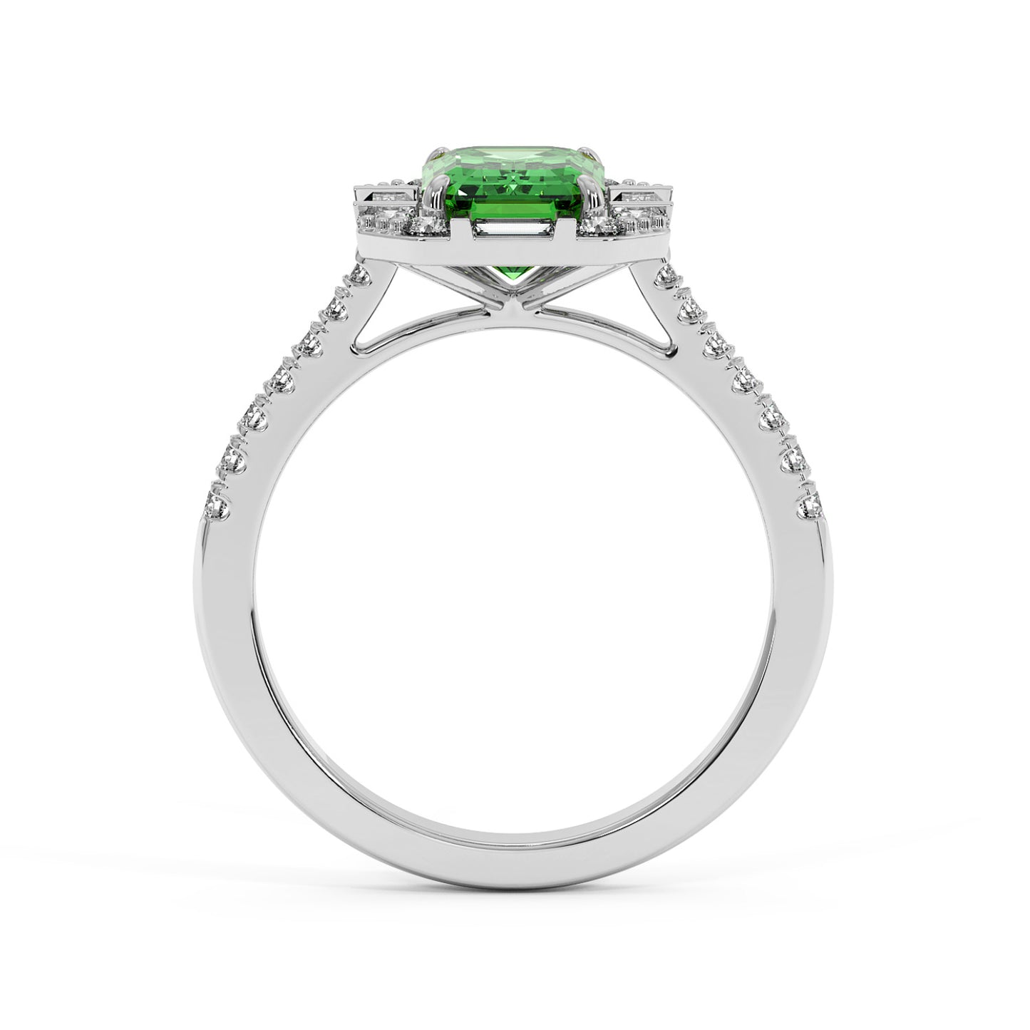 14k white gold ring with a brilliant green YAG centerpiece and small diamonds on the band, conveying elegance, luxury, and sophistication.