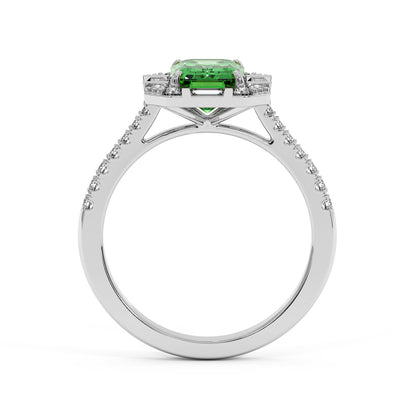 14k white gold ring with a brilliant green YAG centerpiece and small diamonds on the band, conveying elegance, luxury, and sophistication.