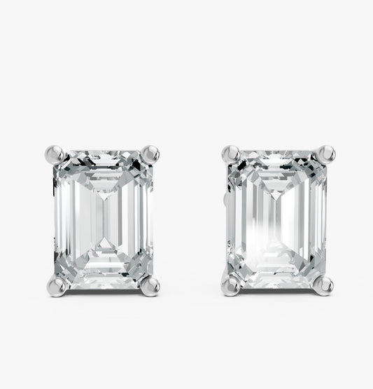 Emerald Shape Lab Grown Diamond 4-prong Push-Back Studs in 925 Silver