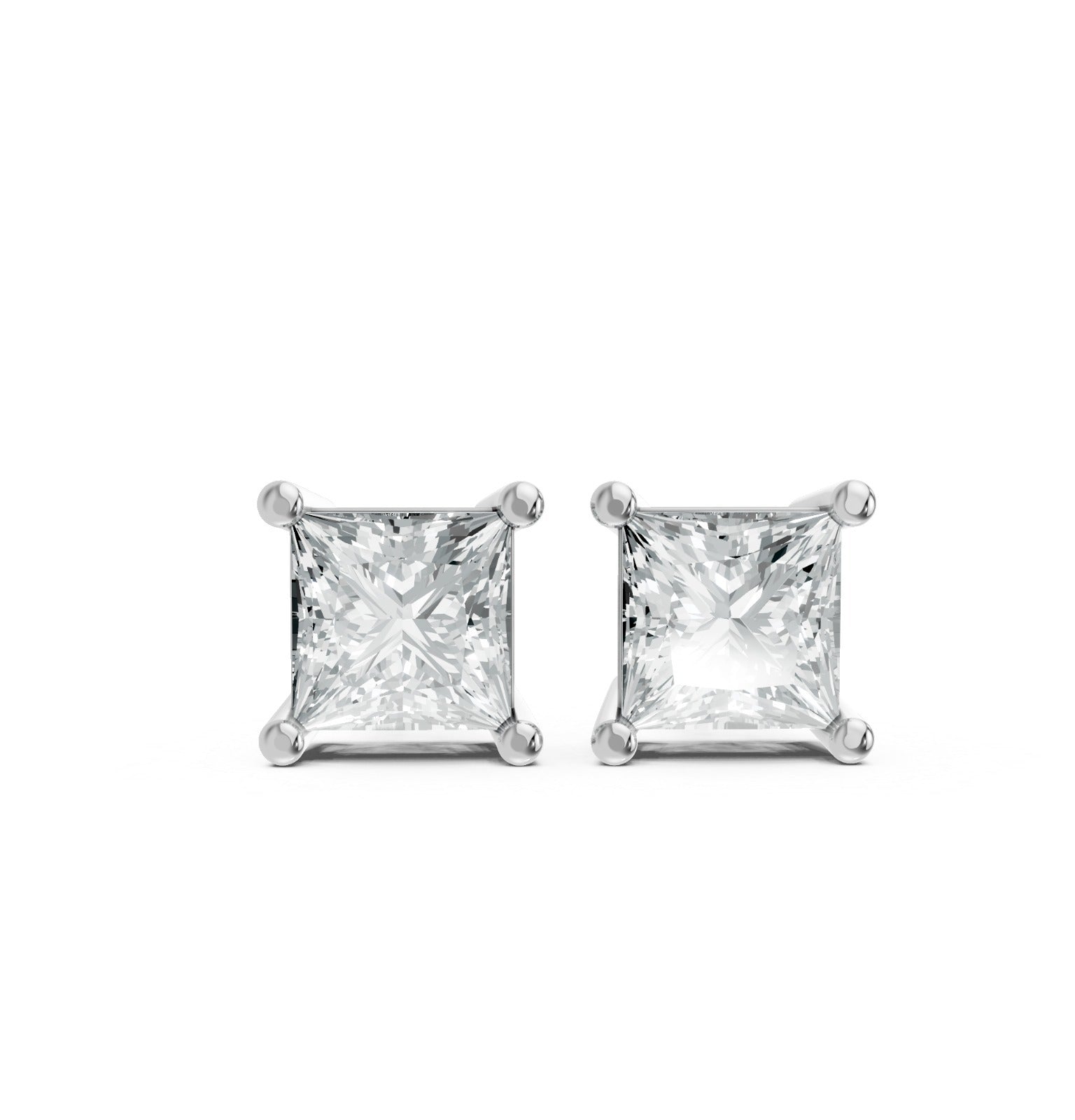 Princess cut lab-grown diamond stud earrings with silver prongs set against a white background. The diamonds sparkle, conveying elegance and simplicity.