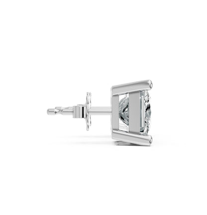 Close-up side view of a princess cut lab-grown diamond stud earring with a silver prong setting and secure back on white. Showcasing elegance.