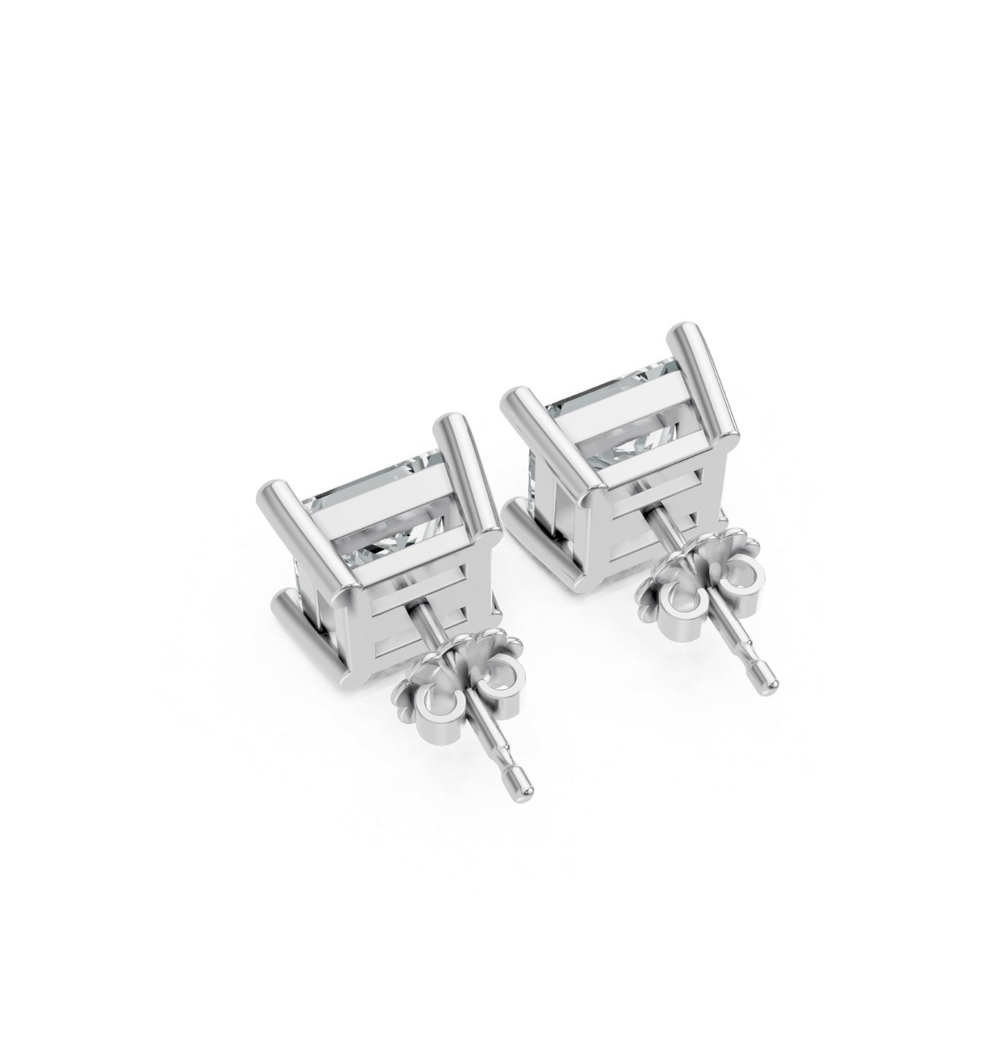 A pair of square silver earrings with butterfly backings displayed on a white background. They feature a sleek, modern design and a polished finish.