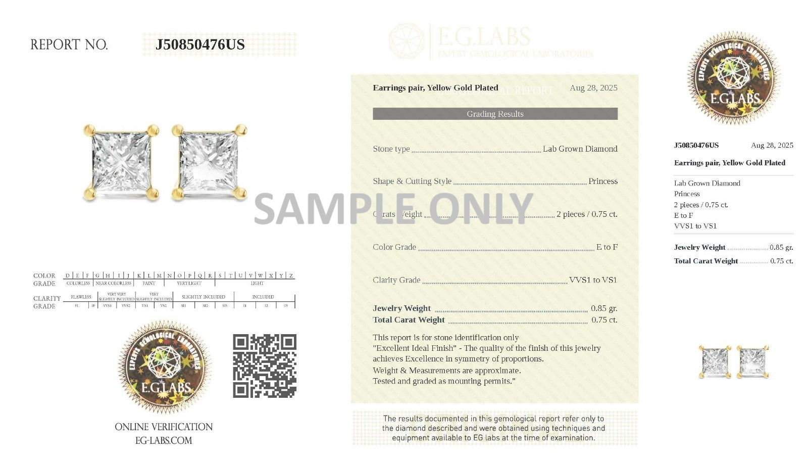 Diamond earring report with lab grown diamond details on a white background