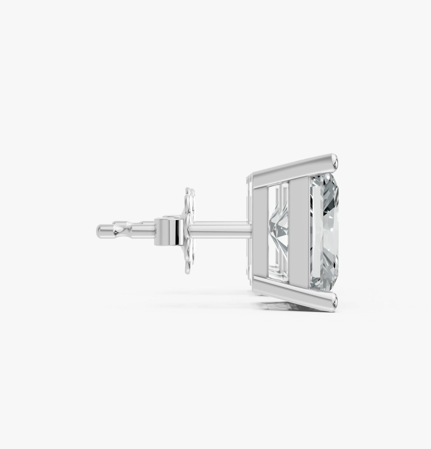 Side view of a radiant cut lab-grown diamond stud earring set in white gold plated metal. Highlights clarity and elegant design.