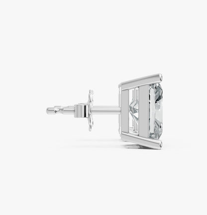 Side view of a radiant cut lab-grown diamond stud earring set in white gold plated metal. Highlights clarity and elegant design.