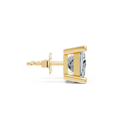Side view of a single gold plated stud earring with a large, princess cut lab-grown clear gemstone in a prong setting. Reflects elegance and simplicity.