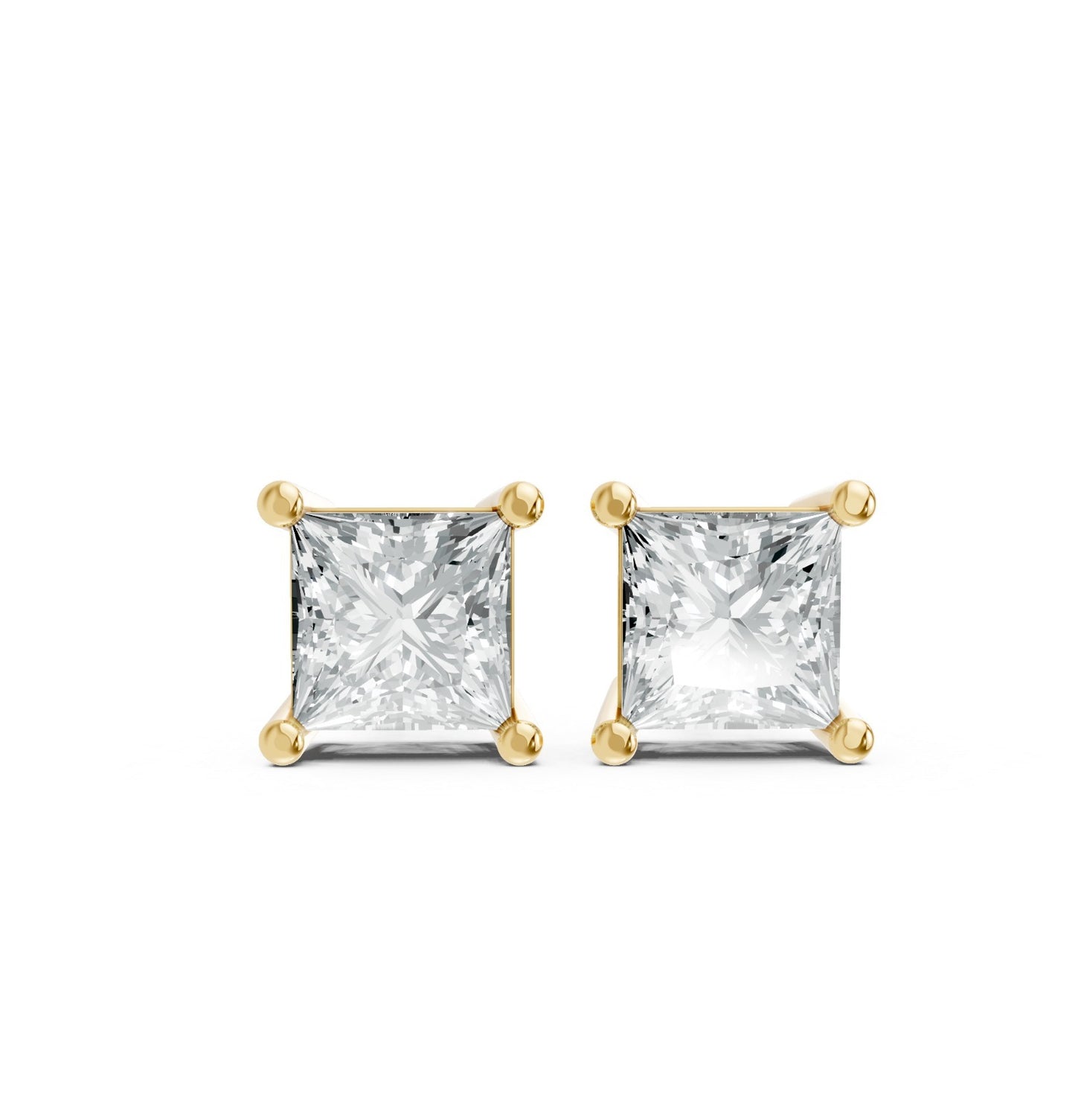 A pair of gold plated stud earrings featuring princess cut sparkling lab-grown diamonds. The elegant design conveys luxury and sophistication.