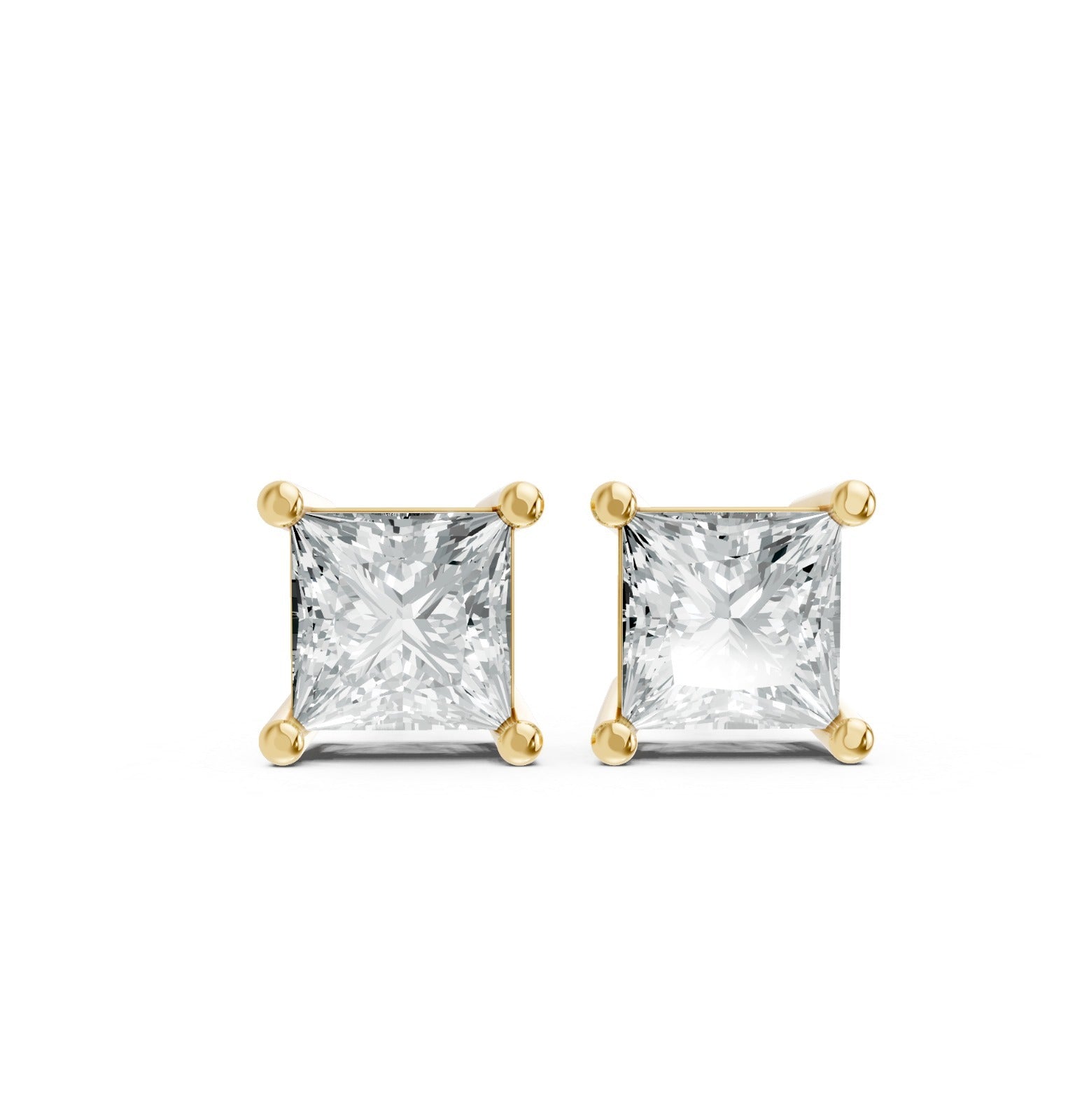 A pair of gold plated stud earrings featuring princess cut sparkling lab-grown diamonds. The elegant design conveys luxury and sophistication.