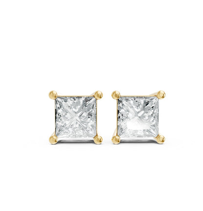 A pair of gold plated stud earrings featuring princess cut sparkling lab-grown diamonds. The elegant design conveys luxury and sophistication.