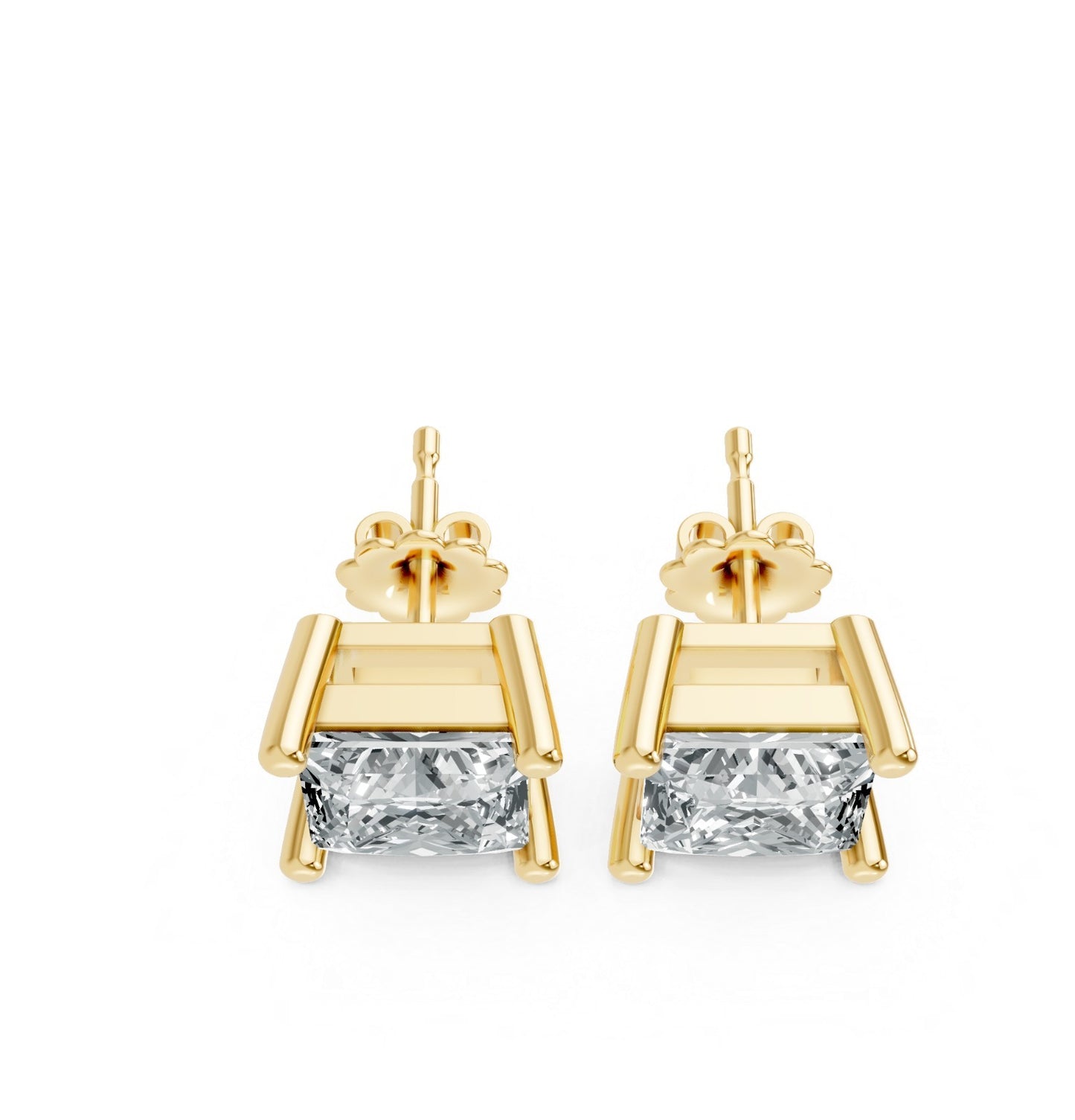 Gold plated bear-shaped earrings with princess cut lab-grown diamonds as their bodies, reflecting a playful and elegant style on white.