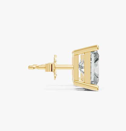 Close-up side view of a solitaire radiant cut lab-grown diamond stud earring set in a sleek, gold plated setting 