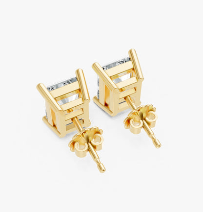 Gold plated stud earrings feature radiant cut lab-grown gems set in a lattice framework. Exuding elegance and sophistication.