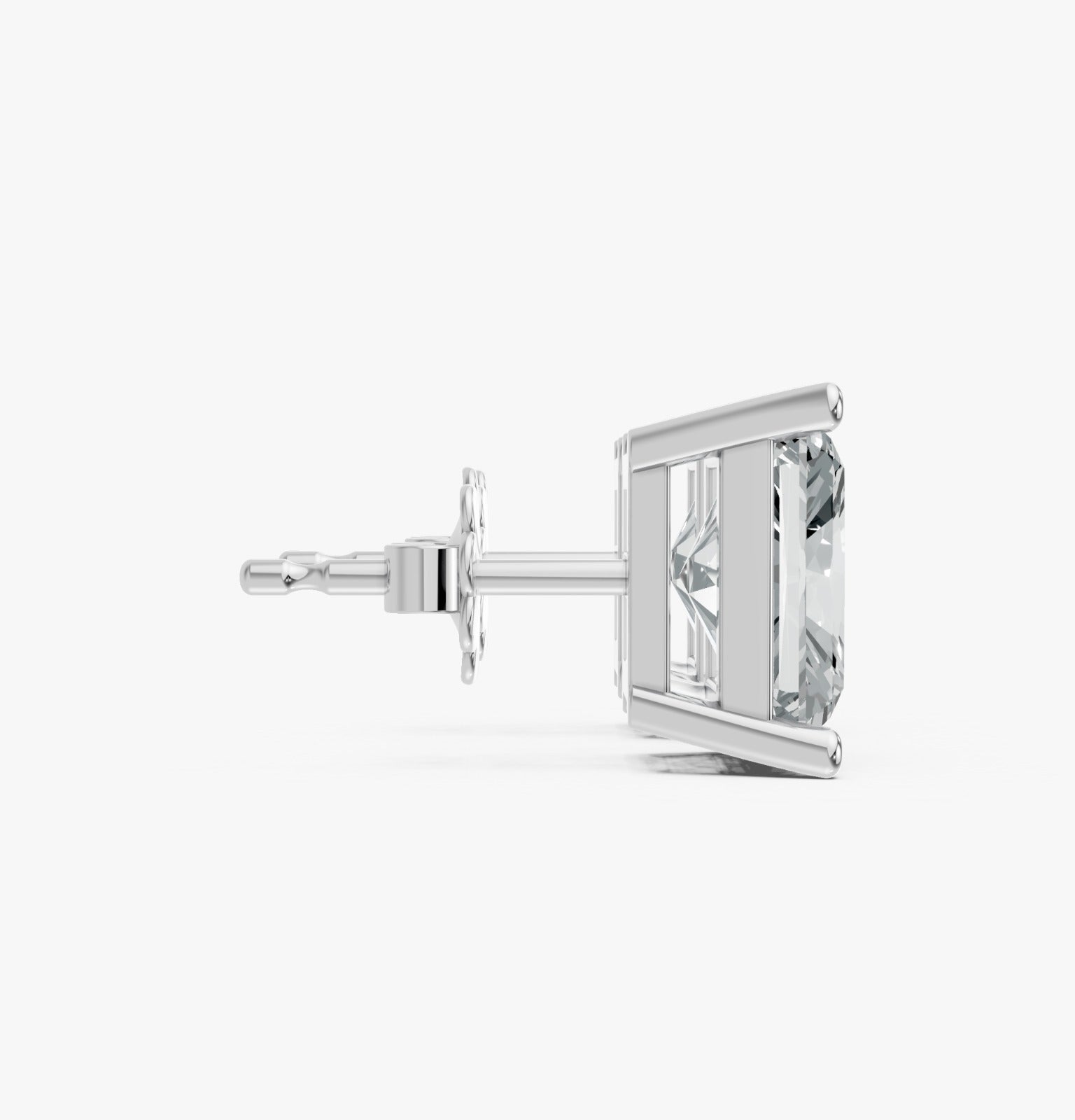 Close-up side view of a silver stud earring with a radiant cut lab-grown diamond set in a modern, minimalist setting.