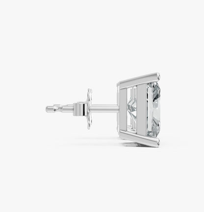 Close-up side view of a silver stud earring with a radiant cut lab-grown diamond set in a modern, minimalist setting.