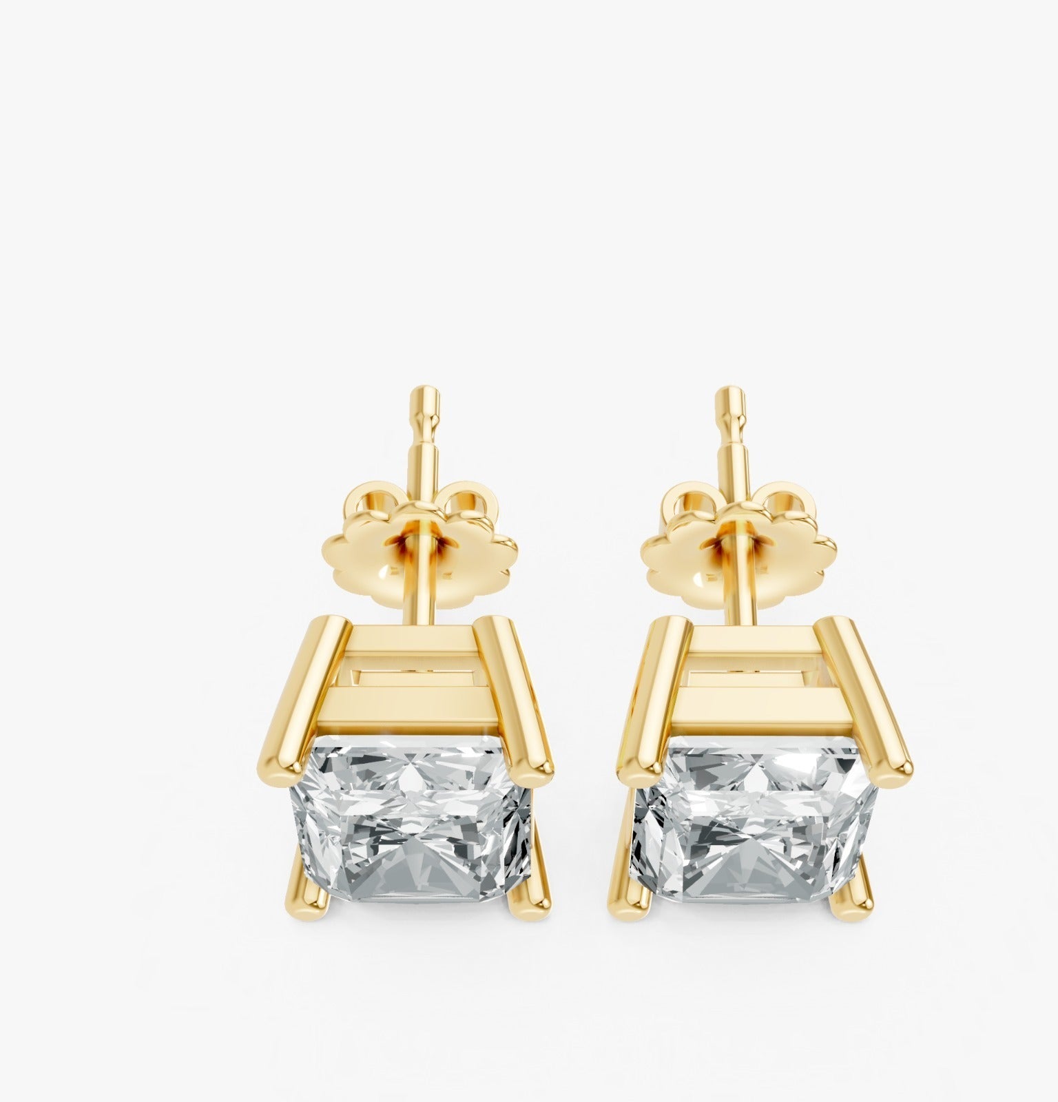 Gold plated stud earrings feature radiant cut lab-grown clear gemstones in a four-prong setting. Exuding elegance and sophistication.