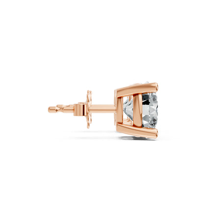 A side view shows an elegant Rose gold plated stud earring with a prong-set round diamond.