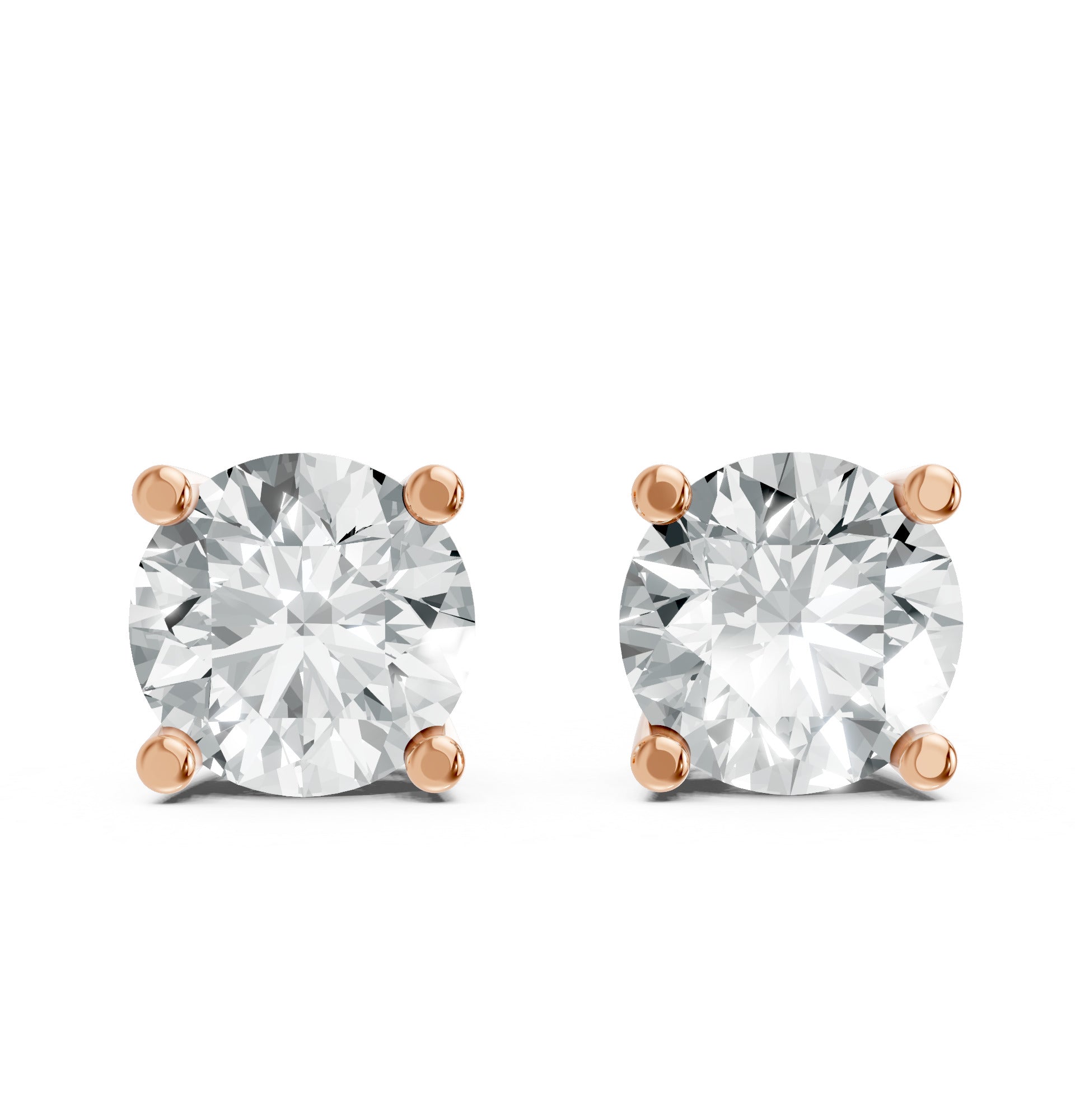 Two sparkling round diamond stud earrings are set in Rose gold plated prongs against a white background.