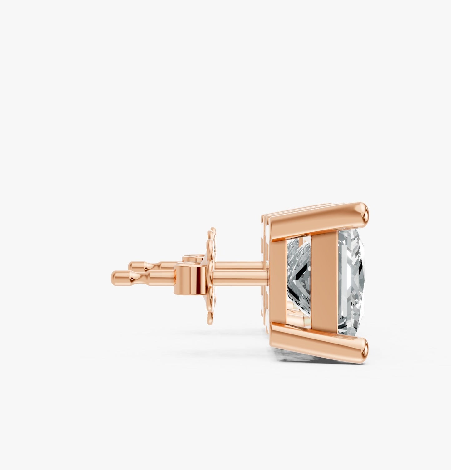Rose gold plated earring with a princess cut lab-grown diamond viewed from the side. Showcasing its elegant prong setting on white, conveying luxury.