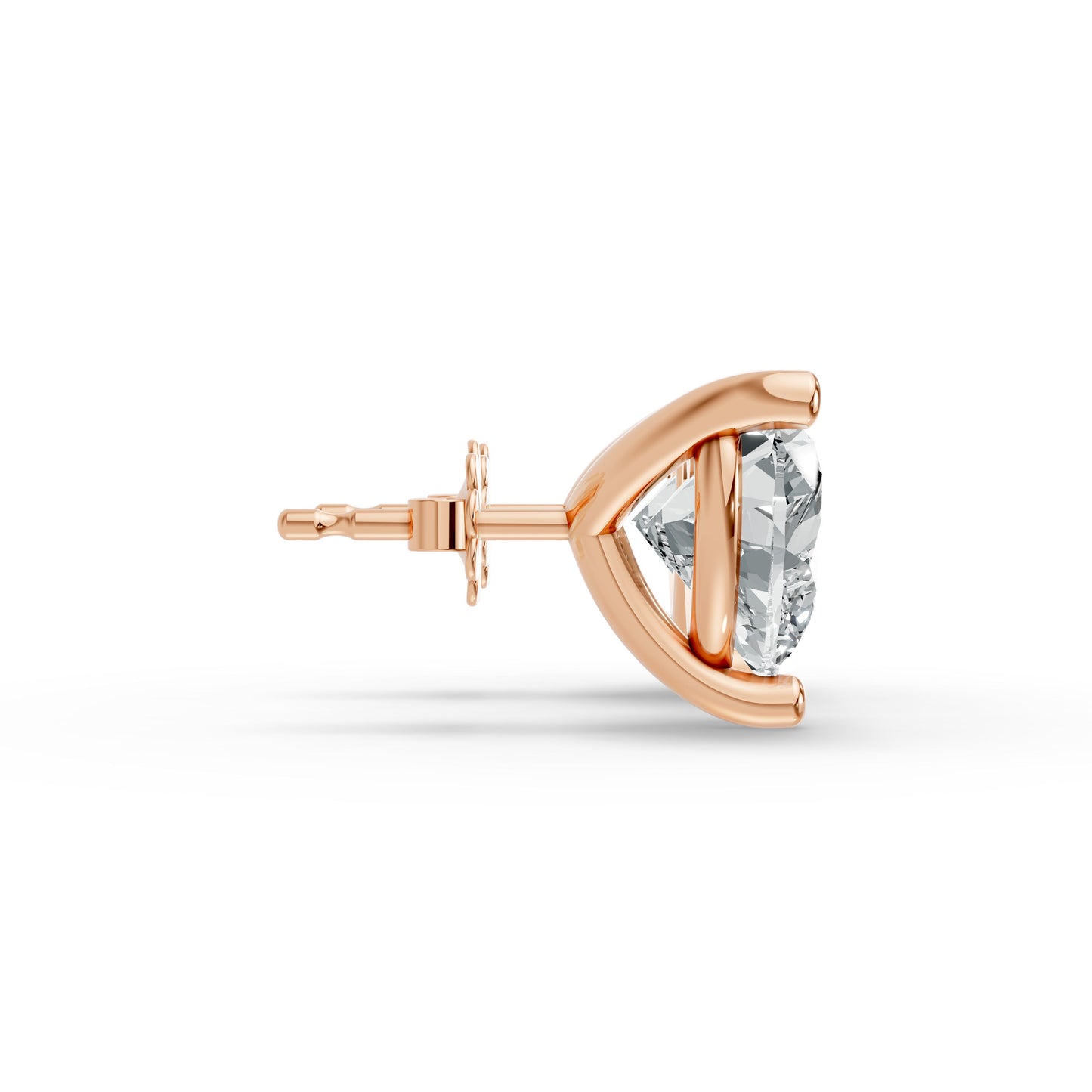Close-up side view of a solitaire diamond stud earring set in rose gold plated silver, featuring a prong design.