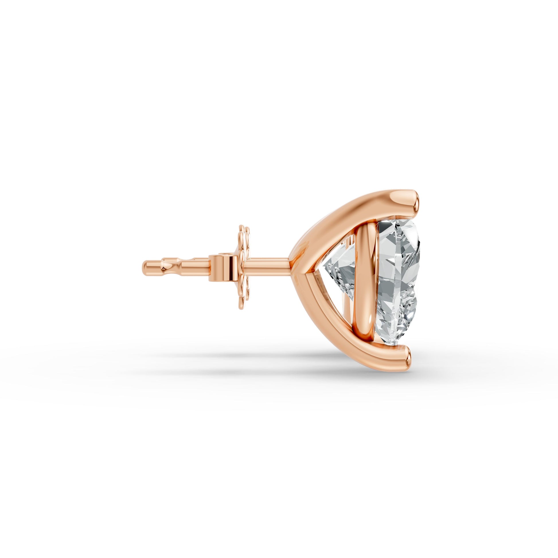 Close-up side view of a solitaire diamond stud earring set in rose gold plated silver, featuring a prong design.