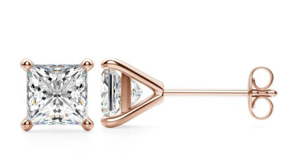 Single princess-cut diamond stud earring with 14k rose gold prong setting and post.