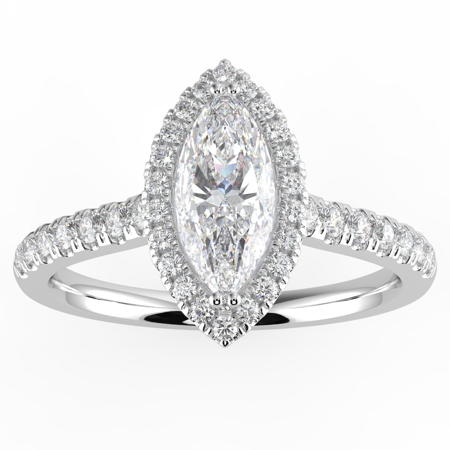 1.00ctw Natural Diamond Slim Shank 14K Bridal / Engagement Ring, GH I1 0.70cts Marquise Shape Diamond Center & 0.30 cts Halo and Round Side Stones