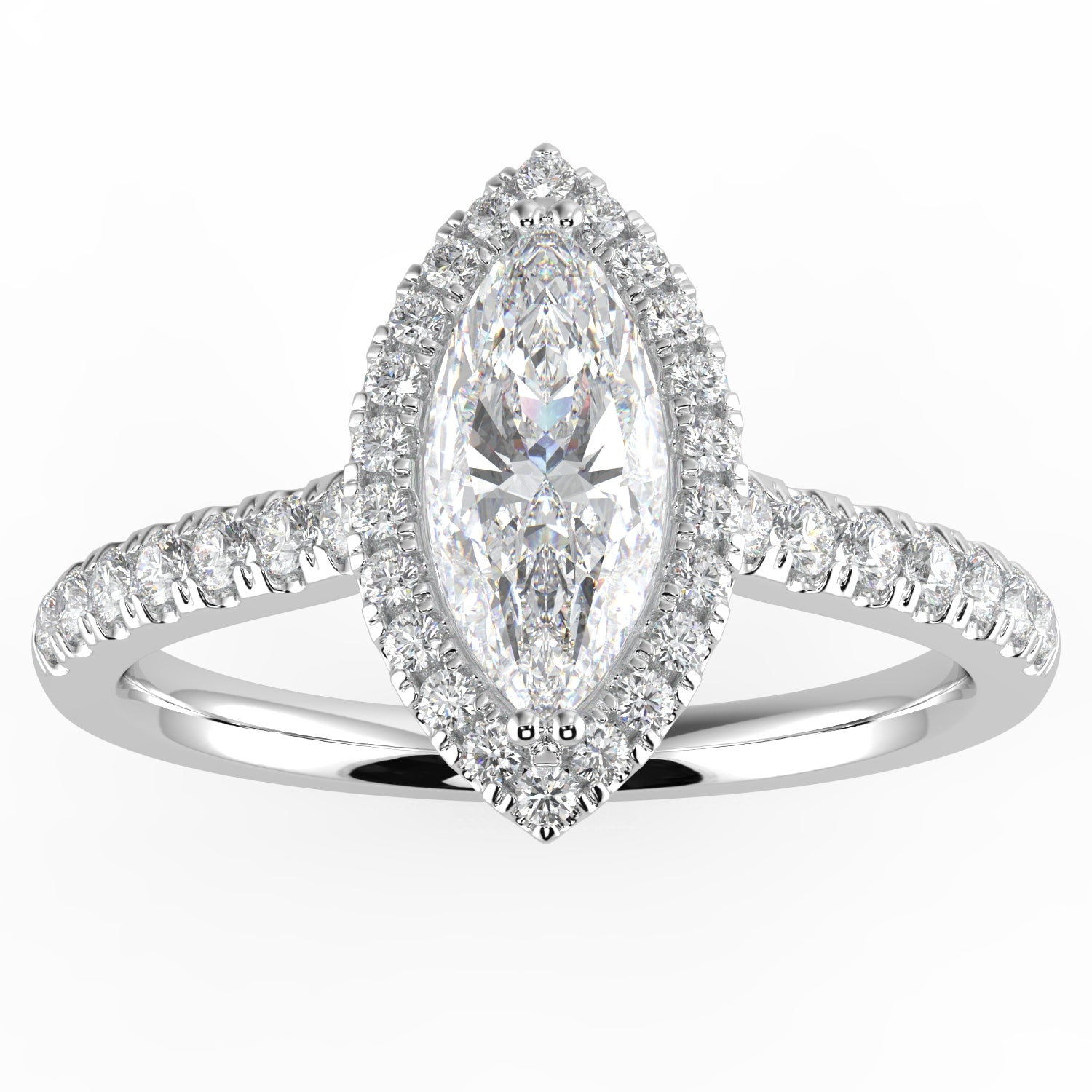 Marquise Shape Slim Shank with Halo Ring 1.00 CTW with 0.70 CTW Center & 0.30 Round Side GH/I1 Stones Set on 14K Gold