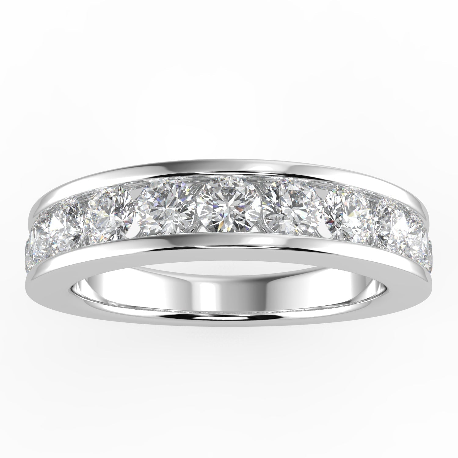 Elegant white gold ring with a continuous row of sparkling round diamonds.